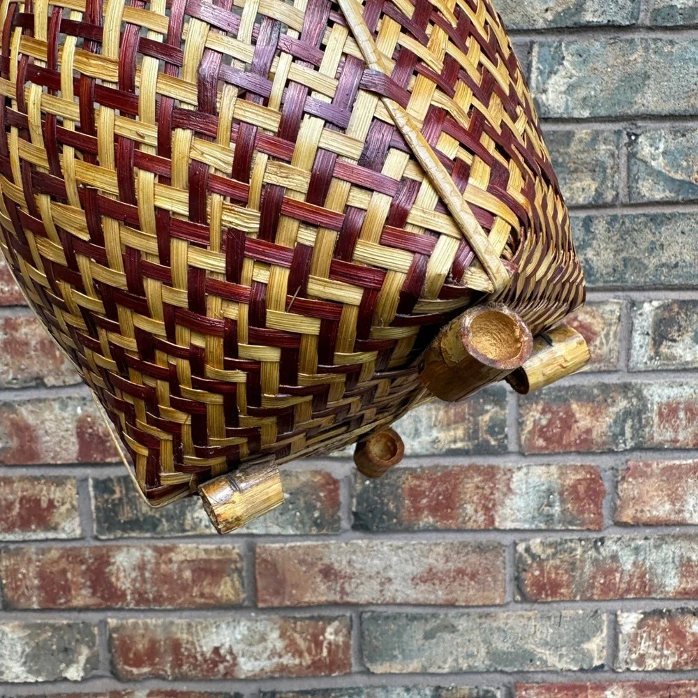 Vintage Woven Bamboo‎ Basket Two Tone Brown Natural Footed Decorative Pot Small
